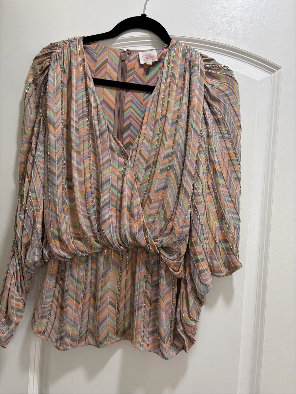 Parker NY 100% Silk Pastel Zigzag Beaded Batwing blouse